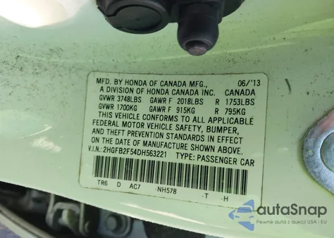 2013 Honda Civic Lx z USA, uszkodzony, nr VIN 2HGFB2F54DH563221